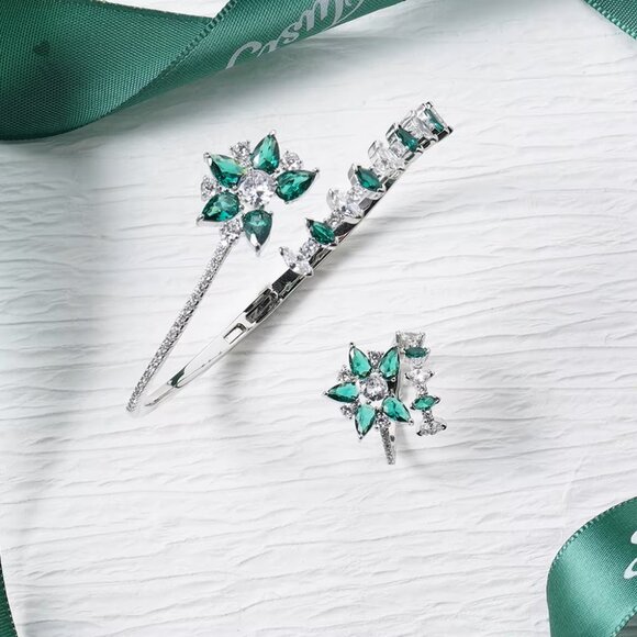 Rhodium-plated lab-created Gemstone Floral Bangle Bracelet - Picture 9 of 9